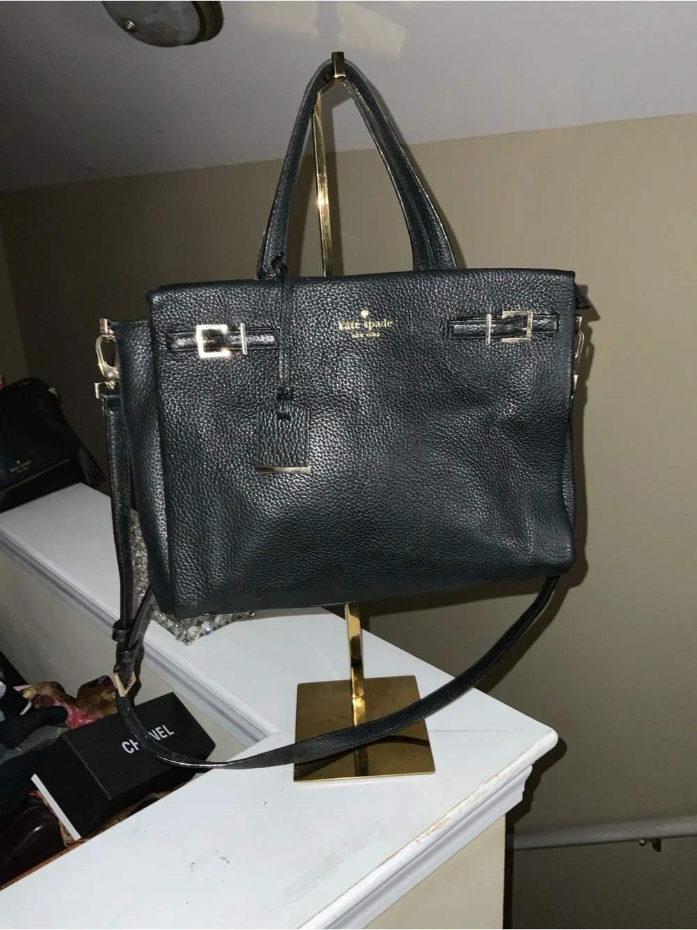 kate spade Black Pebbled Leather Satchel with Gold Hardware